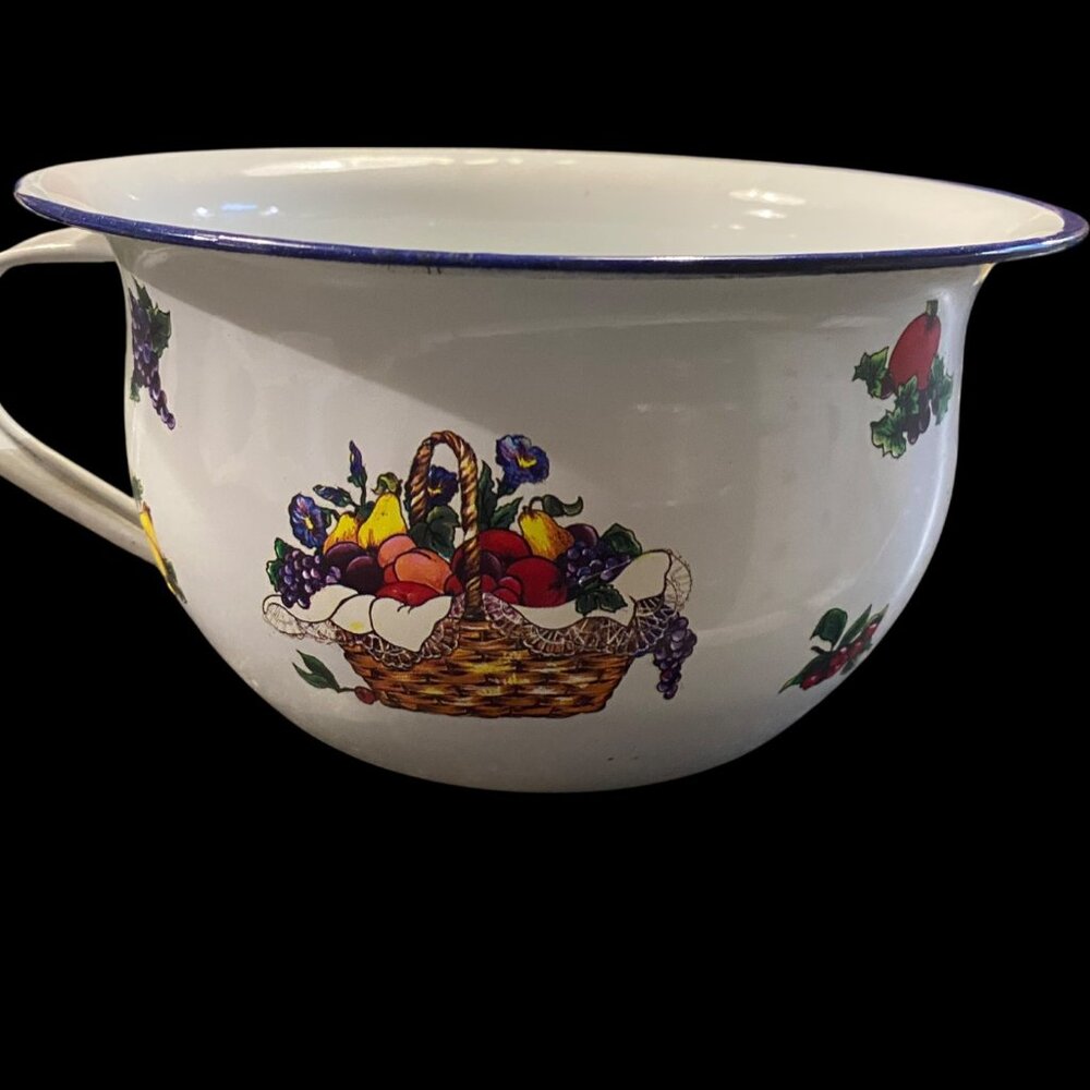 Vintage Enamelware Chamber Pot • Blue Rim • Fruit Graphics • Farmhouse Decor